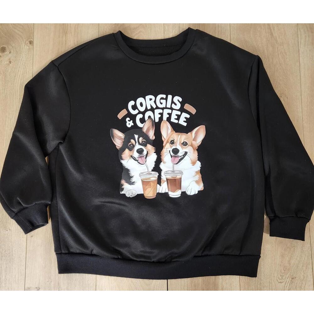 Corgis & Coffee Dog Mom Pullover Sweatshirt Jumper Black Crew Neck Sz 1XL Corgi